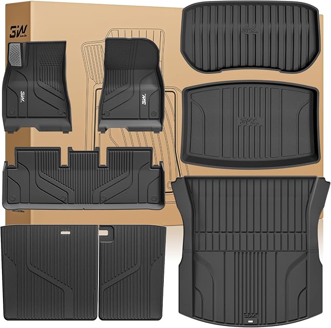 3W Tesla Model 3 Floor Mats 2026 2025 2024 with Metal Pedal, Full Set with Seatback Protector, Highland All Weather Custom Fit Rear Trunk Mat Accessories Black