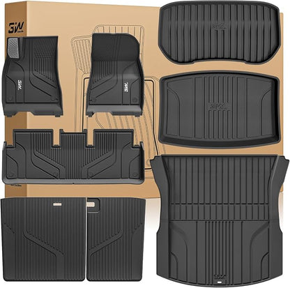 3W Tesla Model 3 Floor Mats 2026 2025 2024 with Metal Pedal, Full Set with Seatback Protector, Highland All Weather Custom Fit Rear Trunk Mat Accessories Black