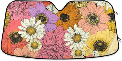 Colorful Flowers Sunflower Car Windshield Sun Shade Chamomile Dahlia Lily Anemone Foldable UV Ray Sun Visor Protector Sunshade to Keep Your Vehicle Cool (55" x 27.6")