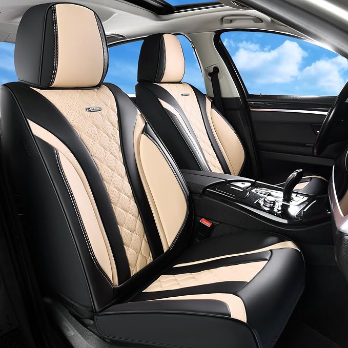 Coverado Seat Covers, Car Seat Covers Front Seats, Perforated Diamond Leather Car Seat Cover, Waterproof Car Seat Covers, 2 Pack Car Seat Protector Front Seat Cover Universal Fit Most Car, Black&Beige