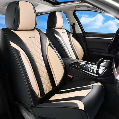 Coverado Seat Covers, Car Seat Covers Front Seats, Perforated Diamond Leather Car Seat Cover, Waterproof Car Seat Covers, 2 Pack Car Seat Protector Front Seat Cover Universal Fit Most Car, Black&Beige
