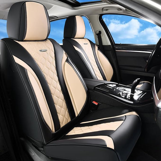 Coverado Seat Covers, Car Seat Covers Front Seats, Perforated Diamond Leather Car Seat Cover, Waterproof Car Seat Covers, 2 Pack Car Seat Protector Front Seat Cover Universal Fit Most Car, Black&Beige