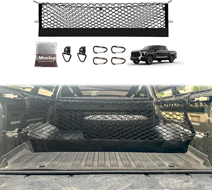 Muslogy Truck Bed Cargo Net Compatible with Toyota Tundra 2007-2024 2025 2026 Accessories, Pickup Truck Bed Cargo Organizer Storage Net with Heavy Duty Carabiners