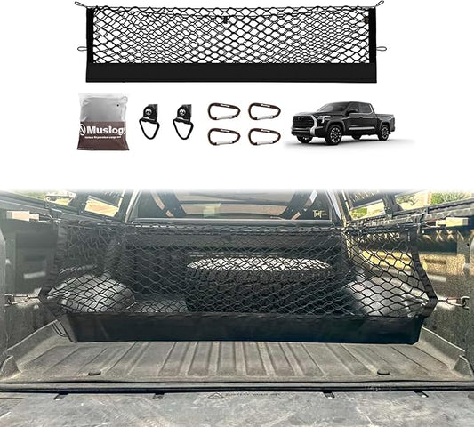Muslogy Truck Bed Cargo Net Compatible with Toyota Tundra 2007-2024 2025 2026 Accessories, Pickup Truck Bed Cargo Organizer Storage Net with Heavy Duty Carabiners