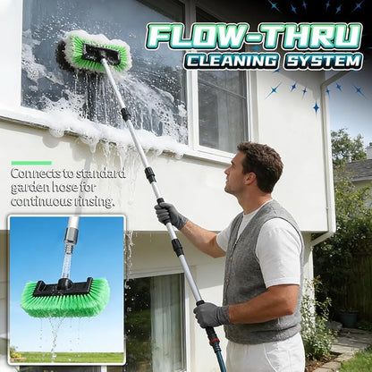 Flow-Thru Wash Brush with Universal Garden Hose Adapter, 65" Extendable Aluminum Cleaning Pole for RV Truck House Siding & Solar Panels, Soft Bristle Scrub Broom (Green)
