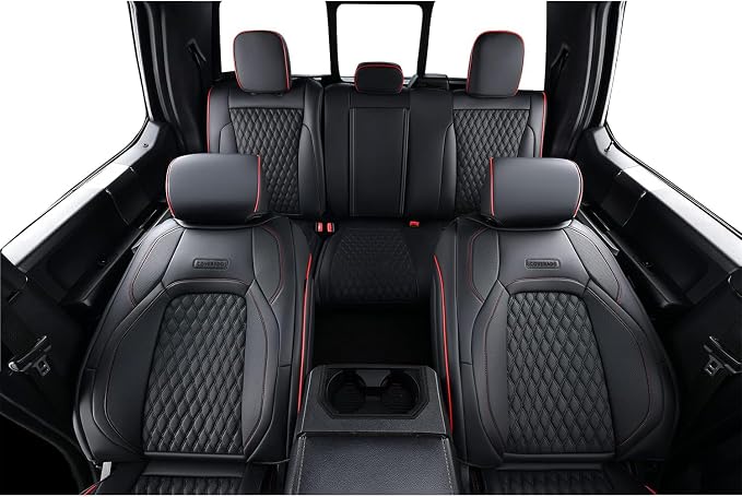 Coverado Full Set Leather Car Seat Covers for F150,Waterproof Automotive Seat Covers for Cars,SUVs,Pickup Trucks,Compatible with 2015-2026 F150 SuperCrew,2017-2026 F250 F350 F450 Crew Cab, Black/Red