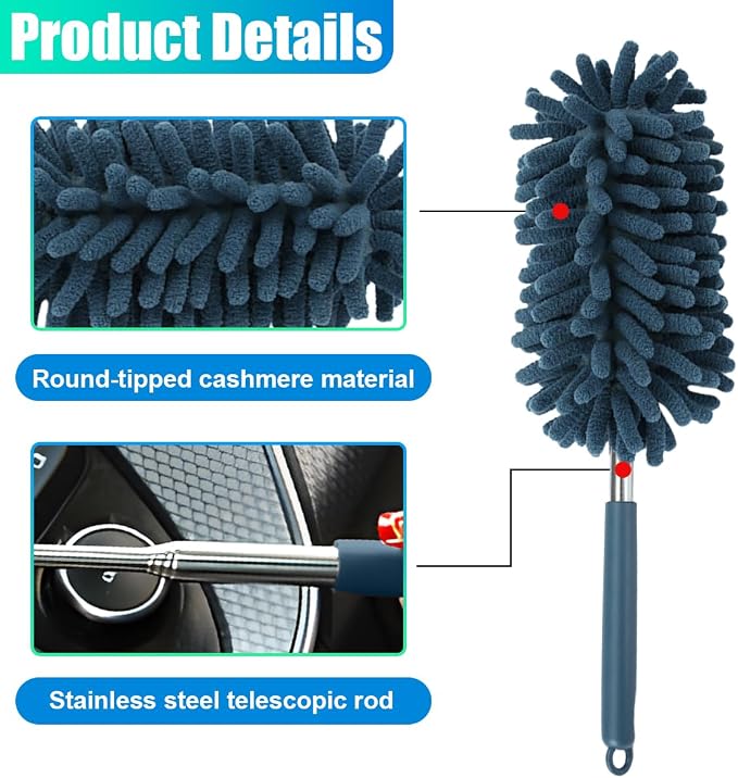 2PCS Car Interior Duster with Extension Pole – Washable Microfiber Dusters Detailing Brushes with Bendable Head, Long Handle Cleaning Duster Tool for Car Dash, Vents, Window, Furniture, Office (Blue)