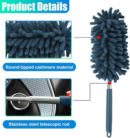 2PCS Car Interior Duster with Extension Pole – Washable Microfiber Dusters Detailing Brushes with Bendable Head, Long Handle Cleaning Duster Tool for Car Dash, Vents, Window, Furniture, Office (Blue)