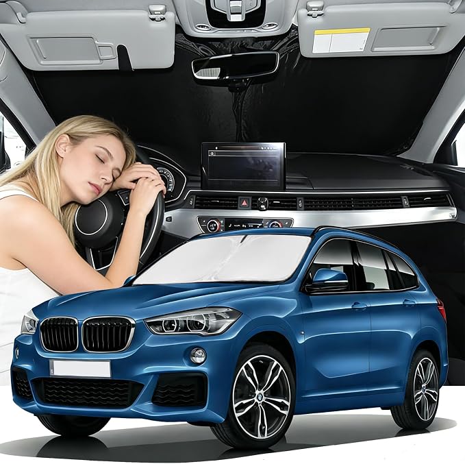 Windshield Sunshade for BMW X1 2023-2026 Sun Shade Car Windshield Accessories Upgrade 4 Layers Blocks UV Rays Custom Fit X1 240T Car Window Shades Front Windshield Keep Cool Foldable