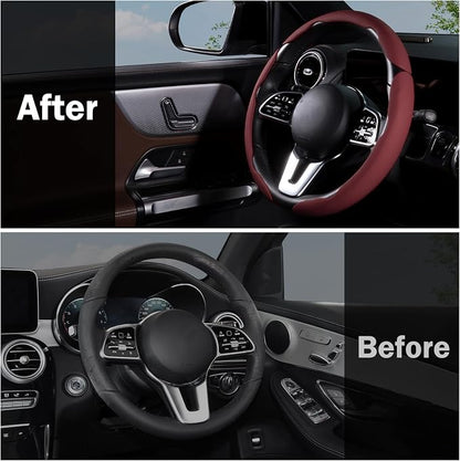 Car Steering Wheel Cover Leather Snap On 3Pcs Set Non-Slip Protector Wrap Steering Wheel Accessories 14.5-15 inch Universal Wine Red
