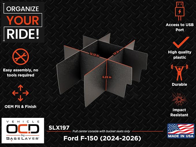 Vehicle OCD - Center Console Organizer for Ford F150 (select 2024-2026 models) (full console w/bucket seats ONLY) - Made in USA - SLX197