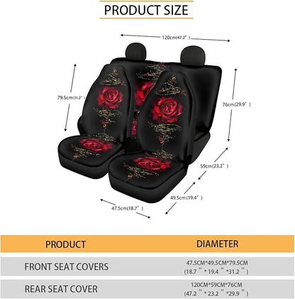 Red Rose Car Seat Covers Full Set,Vintage Floral Decorative Flower Print Vehicle Front Rear Bench Cushion Protectors for Women Men Auto Interior Accessories Universal Fit for Trucks Sedans