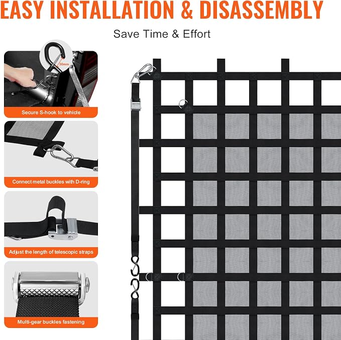 VEVOR Cargo Net with Mesh, 96 in x 81 in, Heavy Duty Truck Cargo Net-(WLL) 1,500lbs, 4 Adjustable Straps with Carabiners & S-Hooks, Truck Bed Cover for Trailer, Pickup, Boat, Jeep, SUV 6.75' x 8'