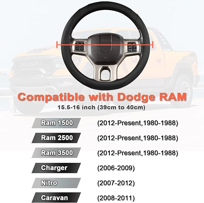 West Llama Customized Auto Car Steering Wheel Cover for Dodge RAM 1500 2500 3500, 15.5-16 inch (Black-Large Size)
