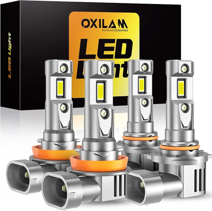 OXILAM Q36 H11 9005 Light Bulbs Combo, 70000lm 900% Brighter 6500K Cool White Light, 1:1 Size 9005/HB3 H11/H9/H8 DRL Fog Light Halogen Replacement, IP68 Waterproof, Pack of 4