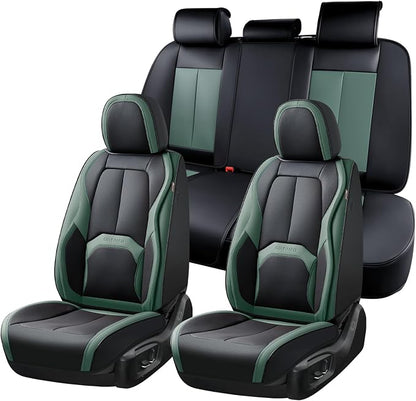 Coverado Car Seat Covers Full Set, Green Car Seat Cover, Car Leather Seat Protector with Lumbar Support, Waterproof Car Seat Cushion, Leather Seat Covers Universal Fit Most Cars, (Black&Green)