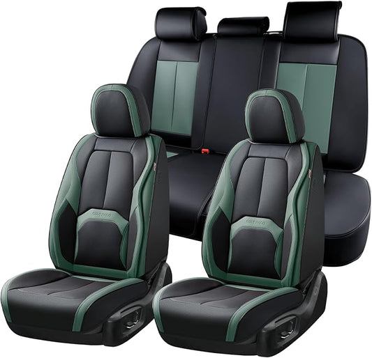 Coverado Car Seat Covers Full Set, Green Car Seat Cover, Car Leather Seat Protector with Lumbar Support, Waterproof Car Seat Cushion, Leather Seat Covers Universal Fit Most Cars, (Black&Green)