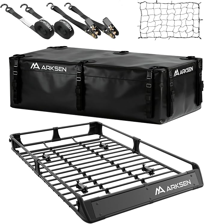 ARKSEN 2-in-1 Foldable Fairing Roof Rack Cargo Basket w/Waterproof Bag, Net & Straps, 64" x 39" Heavy Duty Steel Rooftop Carrier, 250 lbs Max Load, Fits SUV Truck Pickup for Kayaks, Canoes & Luggage