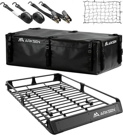 ARKSEN 2-in-1 Foldable Fairing Roof Rack Cargo Basket w/Waterproof Bag, Net & Straps, 64" x 39" Heavy Duty Steel Rooftop Carrier, 250 lbs Max Load, Fits SUV Truck Pickup for Kayaks, Canoes & Luggage