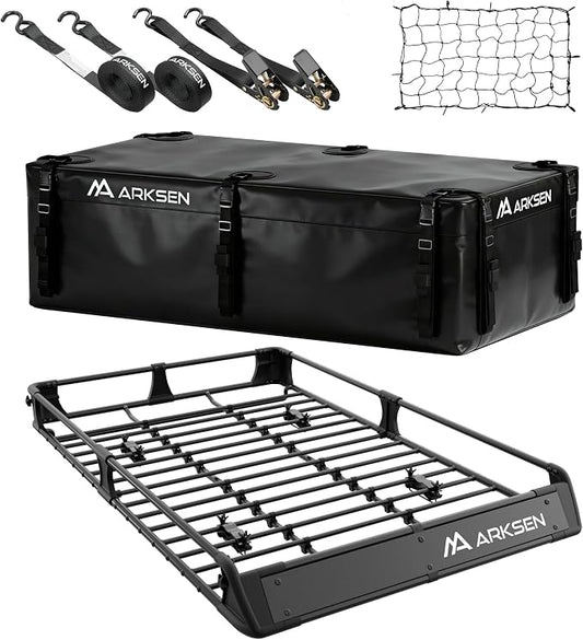 ARKSEN 2-in-1 Foldable Fairing Roof Rack Cargo Basket w/Waterproof Bag, Net & Straps, 64" x 39" Heavy Duty Steel Rooftop Carrier, 250 lbs Max Load, Fits SUV Truck Pickup for Kayaks, Canoes & Luggage