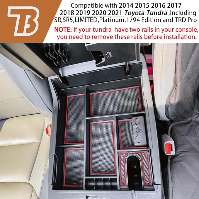Center Console Organizer Compatible with 2014-2017 2018 2019 2020 2021 Tundra Accessories, Crewmax Interior Armrest Underseat Storage Box- Full-coverage Insert Tray, Red Trim