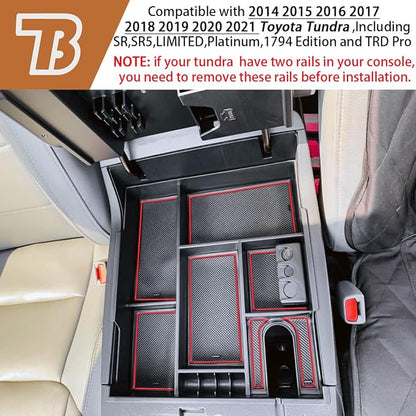 Center Console Organizer Compatible with 2014-2017 2018 2019 2020 2021 Tundra Accessories, Crewmax Interior Armrest Underseat Storage Box- Full-coverage Insert Tray, Red Trim