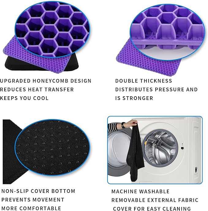 Gel Seat Cushion, Cooling Honeycomb Cushion for Long Sitting, Tailbone & Coccyx Pain Relief, Ergonomic Office Chair Pad, Breathable for Car Seat & Wheelchair(Light Purple)