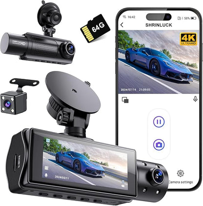 Miden 4K WiFi Dash Cam Front and Rear Inside, Free 64G SD Card, 2160P+1080P+1080P FHD 3 Channel Dash Camera for Cars, Night Vision, 24H Parking Monitor, 360° All Sides Dashcam, G-Sensor, WDR