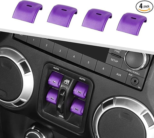 Jimen for JK Window Button Covers, 4PCS Center Console Window Switch Cover Interior Trim Kits Compatible with Jeep Wrangler JK & Unlimited 2012-2018, Aluminum Alloy (Purple)