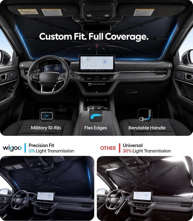 Wigoo Windshield Sun Shade Umbrella for Ford Explorer 2020-2026 [100% Sun Blockage, Ice Cooling Fabric] Foldable Heat Insulation Front Window Sunshade Umbrella for Ford Explorer 2020-2026