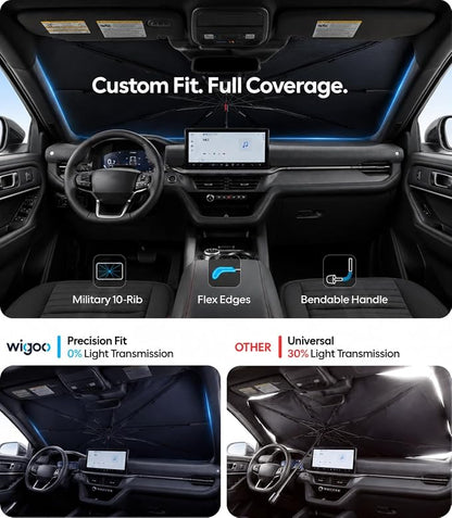 Wigoo Windshield Sun Shade Umbrella for Ford Explorer 2020-2026 [100% Sun Blockage, Ice Cooling Fabric] Foldable Heat Insulation Front Window Sunshade Umbrella for Ford Explorer 2020-2026