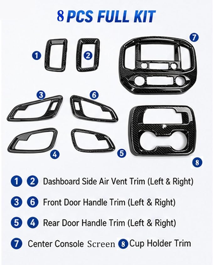 JeCar 8pcs Carbon Fiber Interior Accessories Trim Kit for 2014-2022 Chevy Colorado & GMC-Canyon - Center Console Gear Shift Cup Holer Cover, Dashboard Navigation Screen Panel Decoration Upgrade