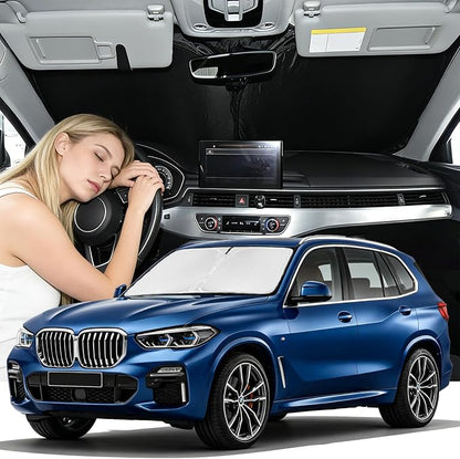 for BMW X5 2014-2018 Windshield Sun Shade - 4 Layers Car Sunshades for Front Windows Shade Cover Custom Fit X5 Sun Visor 250T Retractable Shade Blocks UV Rays Car Accessories