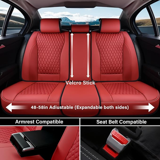 Coverado Car Seat Covers Full Set, Waterproof Nappa Leather Seat Covers for Cars, Front and Back Car Seat Protector, Luxury Car Seat Covers, 5 Seats Universal Red Car Seat Cover Fit for Most Cars