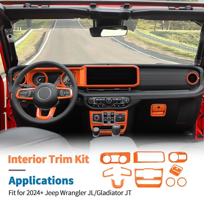 JeCar 11pcs Orange Interior Trim Kit for 2024 2025+ Jeep Wrangler JL JLU & Gladiator JT