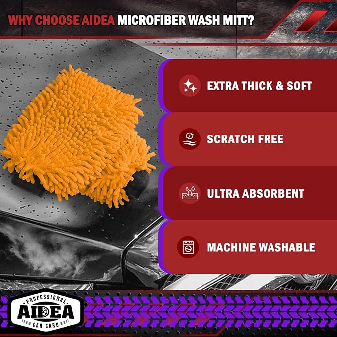 AIDEA Car Wash Mitt Microfiber, 2PK Scratch Free Lint-Free, Premium Chenille Microfiber Mitt Car Wash Brush, Orange, Regular Size 7.12''X10.14''