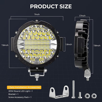 Round LED Off-Road Lights - 7INCH LED Tractor Work Light 201W Auxiliary Driving Light Pod Fog Lamp with Wiring Harness for Pickup Trucks Snowmobile Boat SUV ATV UTV(4 Pack Black+2 Wiring)