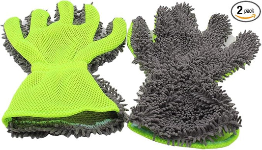 BokWin 2-Pack Car Wash Mitt Scratch Free, 5-Finger Microfiber Wash Mitts, Car Interior Exterior Cleaning Gloves, Auto Chenille Washing Sponge Kits for Cleaning Wheel Tight Spot