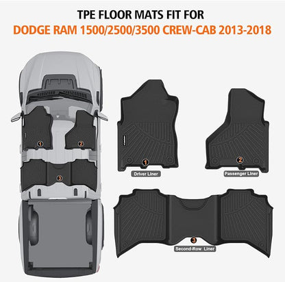 All Weather Floor Mats for 2013-2018 Dodge Ram 1500/2500/3500 Crew-Cab, 2019-2024 for Ram 1500 Classic Crew Cab, TPE Floor Liners Anti-Slip Full Set Mats for Dodge 1500/2500/3500 Accessories