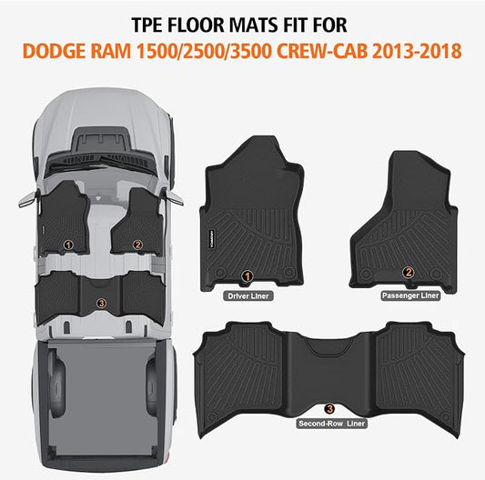 All Weather Floor Mats for 2013-2018 Dodge Ram 1500/2500/3500 Crew-Cab, 2019-2024 for Ram 1500 Classic Crew Cab, TPE Floor Liners Anti-Slip Full Set Mats for Dodge 1500/2500/3500 Accessories