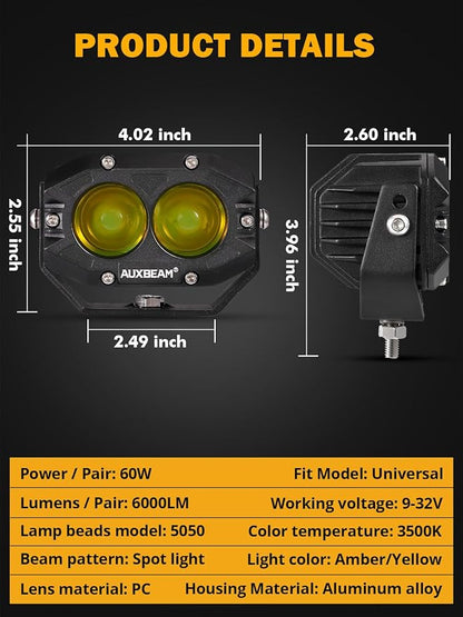 Auxbeam 4 Inch Amber Fog Lights, 60W Square Pod with 5050 LED Yellow Spot Lens Beam Offroad Driving Light with Wiring Harness for Jeep Motorcycle SUV Trucks Boat (2 Pcs)