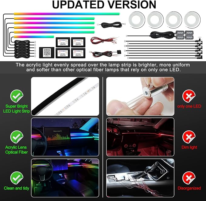 Dreamcolor Acrylic Interior Car LED Strip Light with Wireless APP, RGB 22 in 1 with 175 inches 593 LEDs Fiber Optic Ambient Lighting Kits, 16 Million Colors Sound Active Function Car Neon Lights