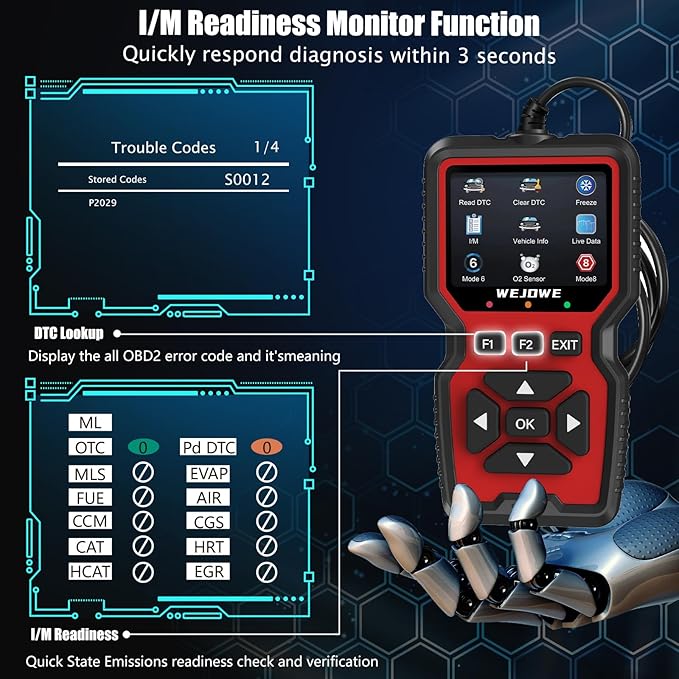 WEJOWE Upgraded OBD2 Scanner Diagnostic Tool, Check Engine Code Reader OBD2 Scanner with Reset, Auto Check Engine Light Mode 6, Mode 8 & I/M Car Diagnostic Scan Tool for All OBDII Car