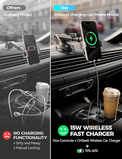 Wireless Car Charger with Phone Holder Mount, 15W Fast Charging Auto Clamping Phone Holders for You Car Windshield Dashboard Air Vent Accessories for iPhone, Samsung Galaxy, Google, etc