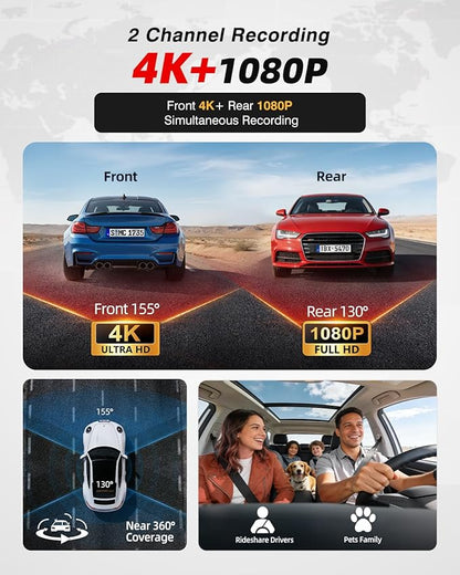 4K Dash Cam Front and Rear, HDR Night Vision Dash Camera for Cars 64GB Card 5.8GHz WiFi6 up to 20MB/s APP Control Dash Cams Built-in GPS, G-Sensor, Loop Recording, 170°Wide Angle, 24H Parking Mode