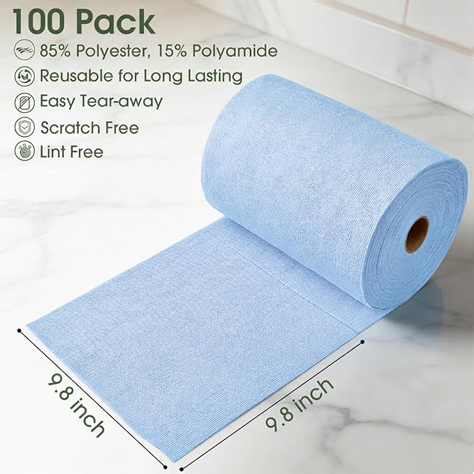 Microfiber Cleaning Cloth Roll - 100 Pack Tear Away Microfiber Paper Towels, Reusable, Washable, Scratch-Free, Kitchen Towels for Car, Home, Kitchen, Glass, Dishes (Blue)