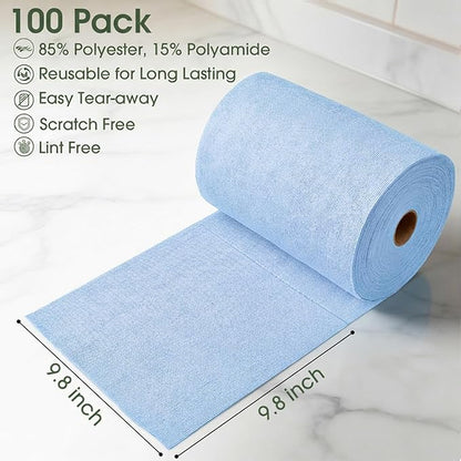 Microfiber Cleaning Cloth Roll - 100 Pack Tear Away Microfiber Paper Towels, Reusable, Washable, Scratch-Free, Kitchen Towels for Car, Home, Kitchen, Glass, Dishes (Blue)