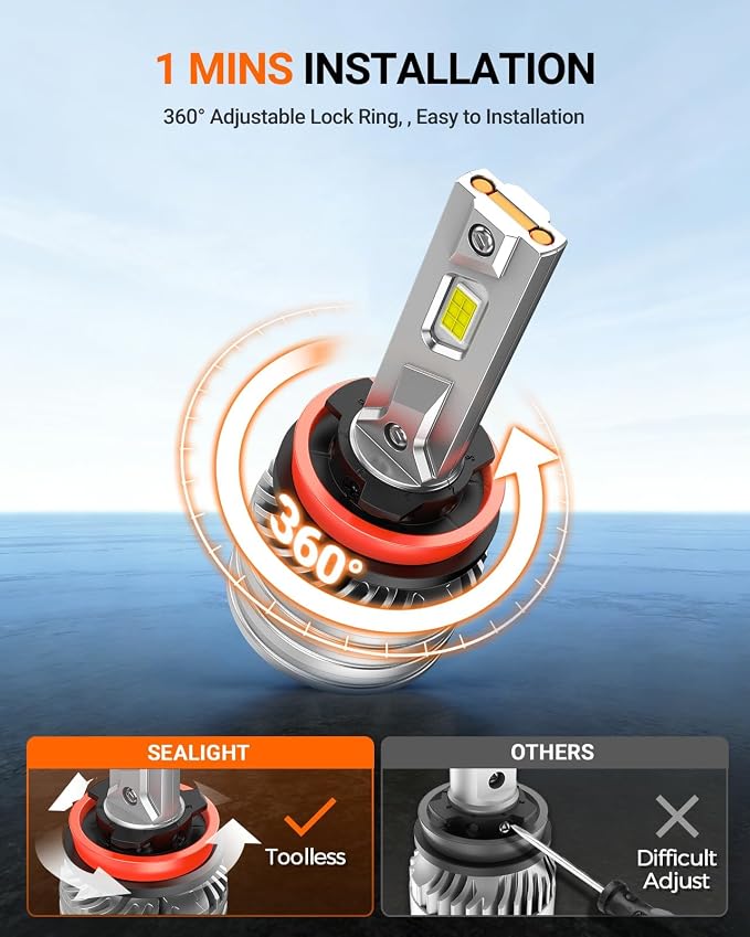 SEALIGHT H11 Bulbs, 90,000LM 1400% Brightness, H11 H9 6500K White, IP68 Waterproof 70000Hrs Lifespan, No Flickering, 1Mins Installation, 2 Pack