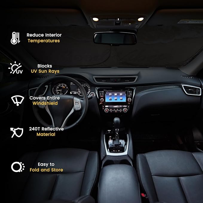 Windshield Sun Shade, Car Sun Shade Windshield, Reflector Sunshade Offers Ultimate Protection for Car Interior, Reflective Polyester Blocks Heat for Sedans, Mini SUVs, Hatchbacks - 57 x 31.5 inches