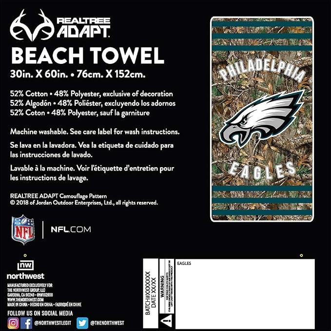 Northwest NFL Philadelphia Eagles Unisex-Adult Beach Towel, 30" x 60", Realtree Camo Stripes